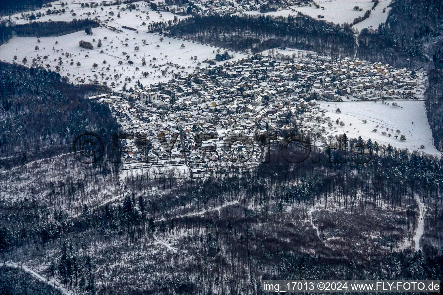 Aerial view of In winter in the district Etzenrot in Waldbronn in the state Baden-Wuerttemberg, Germany