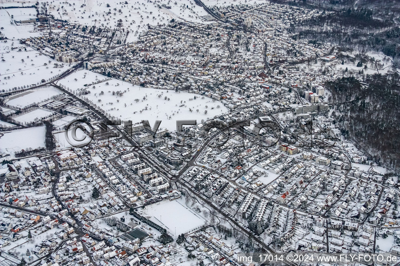 Wintry snowy Town View of the streets and houses of the residential areas in Reichenbach in the state Baden-Wurttemberg, Germany