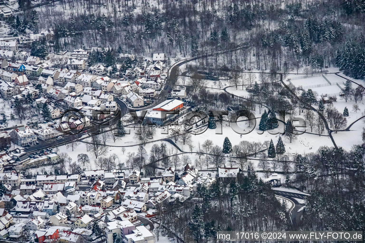 Kurhaus Waldbronn in the snow in the district Reichenbach in Waldbronn in the state Baden-Wuerttemberg, Germany