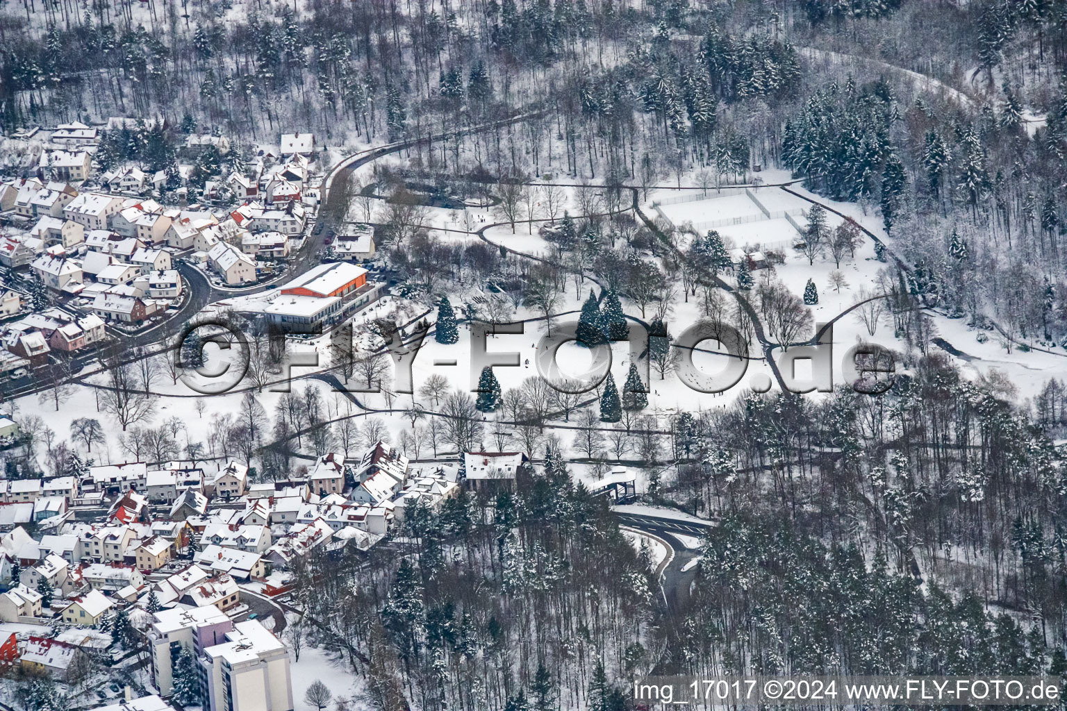 Aerial view of Kurhaus Waldbronn in the snow in the district Reichenbach in Waldbronn in the state Baden-Wuerttemberg, Germany