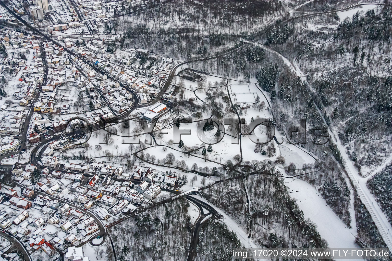 Spa park in winter in the district Reichenbach in Waldbronn in the state Baden-Wuerttemberg, Germany