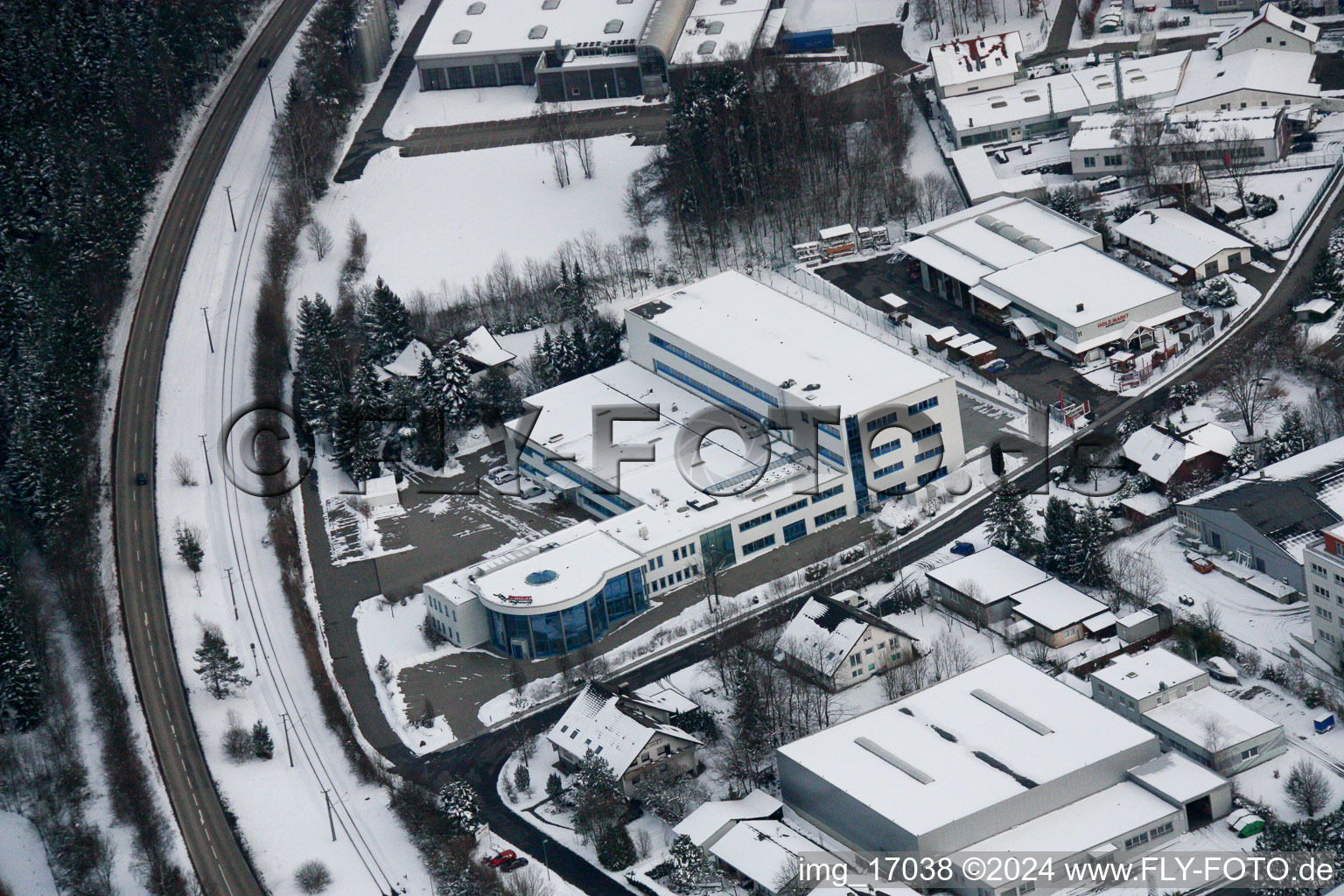 Bird's eye view of Ittersbach, industrial area in the district Im Stockmädle in Karlsbad in the state Baden-Wuerttemberg, Germany