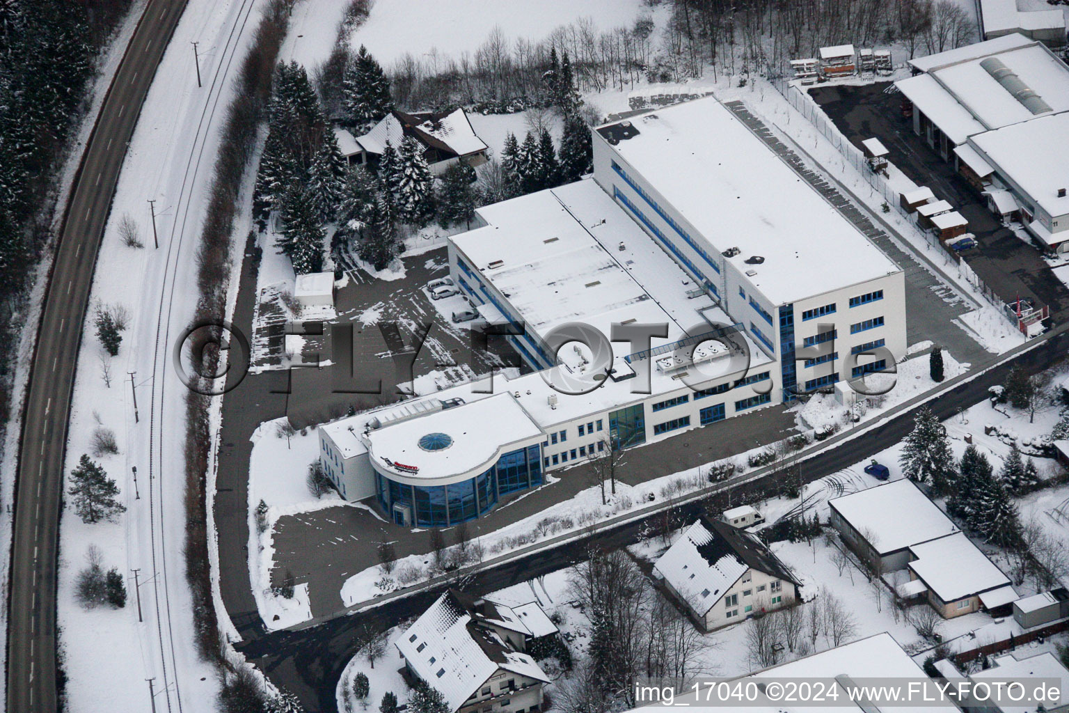 Drone recording of Ittersbach, industrial area in the district Im Stockmädle in Karlsbad in the state Baden-Wuerttemberg, Germany