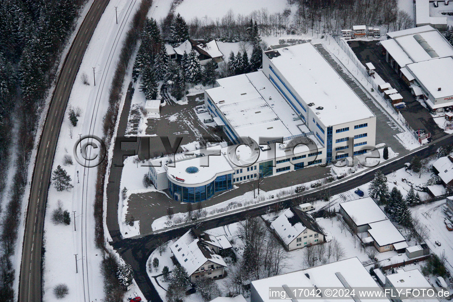 Ittersbach, industrial area in the district Im Stockmädle in Karlsbad in the state Baden-Wuerttemberg, Germany from the drone perspective