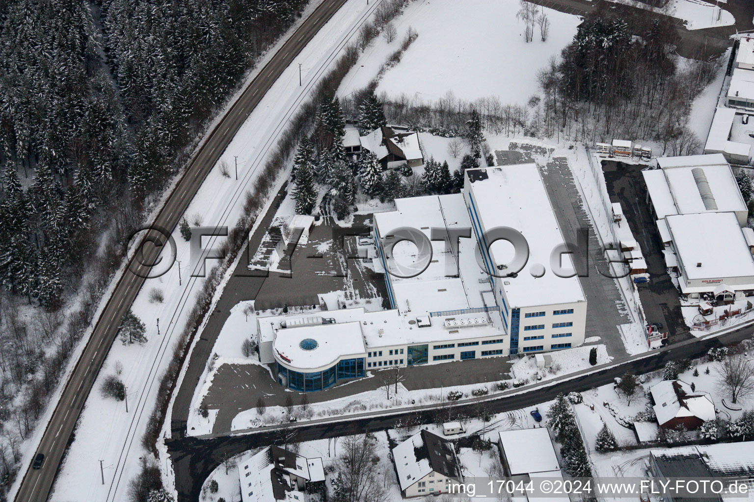 Ittersbach, industrial area in the district Im Stockmädle in Karlsbad in the state Baden-Wuerttemberg, Germany seen from a drone