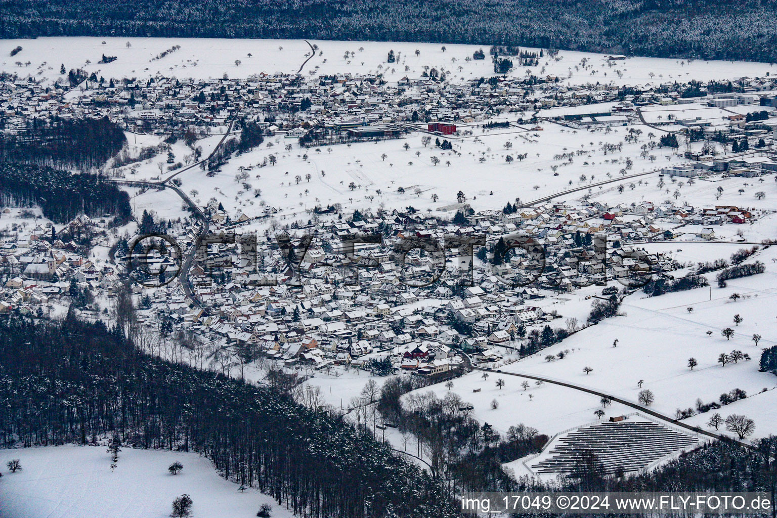 In the snow in the district Feldrennach in Straubenhardt in the state Baden-Wuerttemberg, Germany