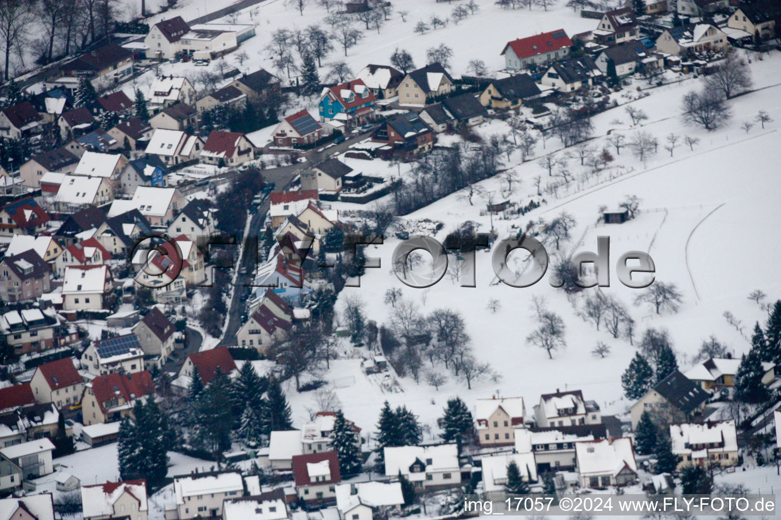Wintry snowy Village view in the district Graefenhausen in Birkenfeld in the state Baden-Wurttemberg