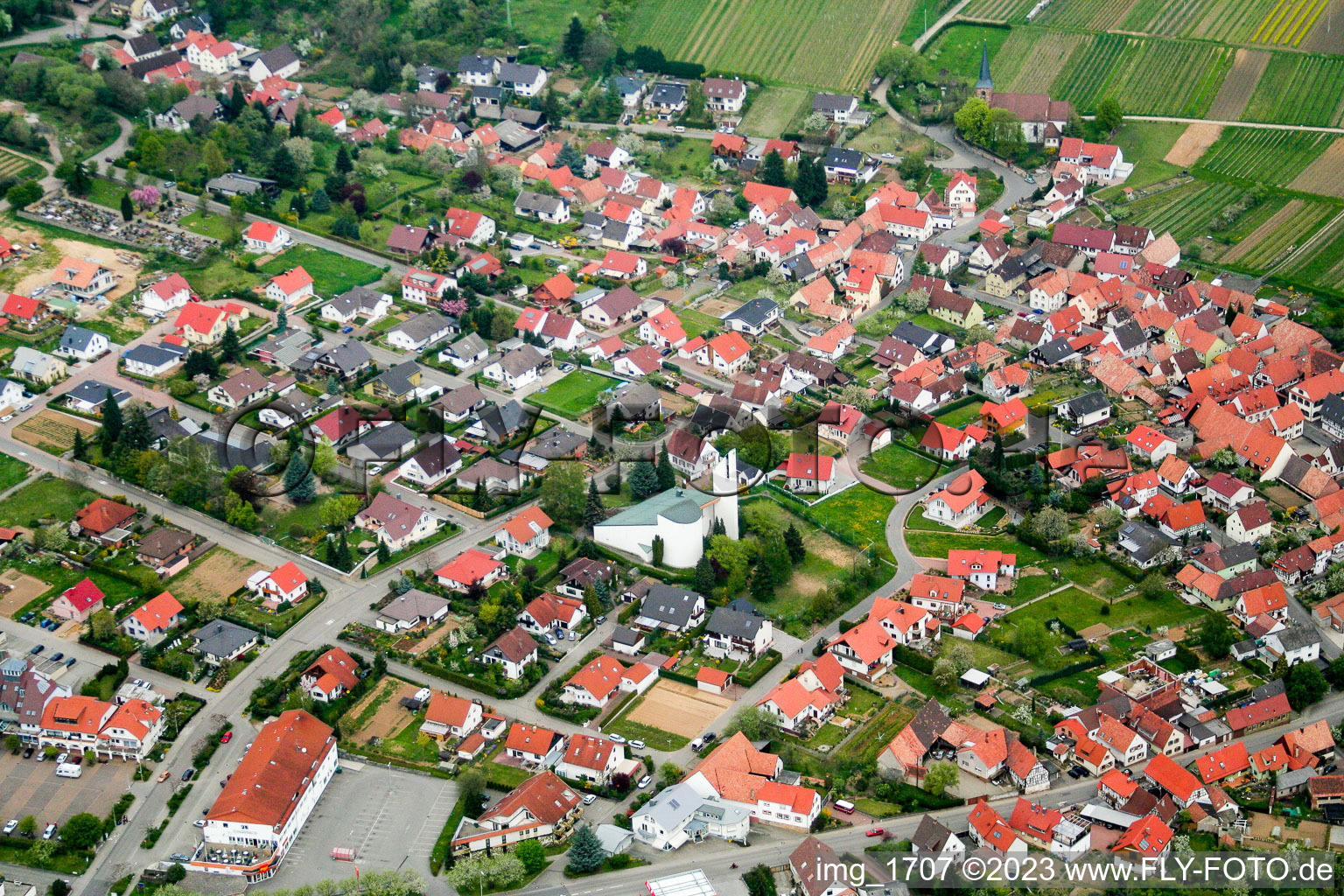 Aerial view of District Rechtenbach in Schweigen-Rechtenbach in the state Rhineland-Palatinate, Germany