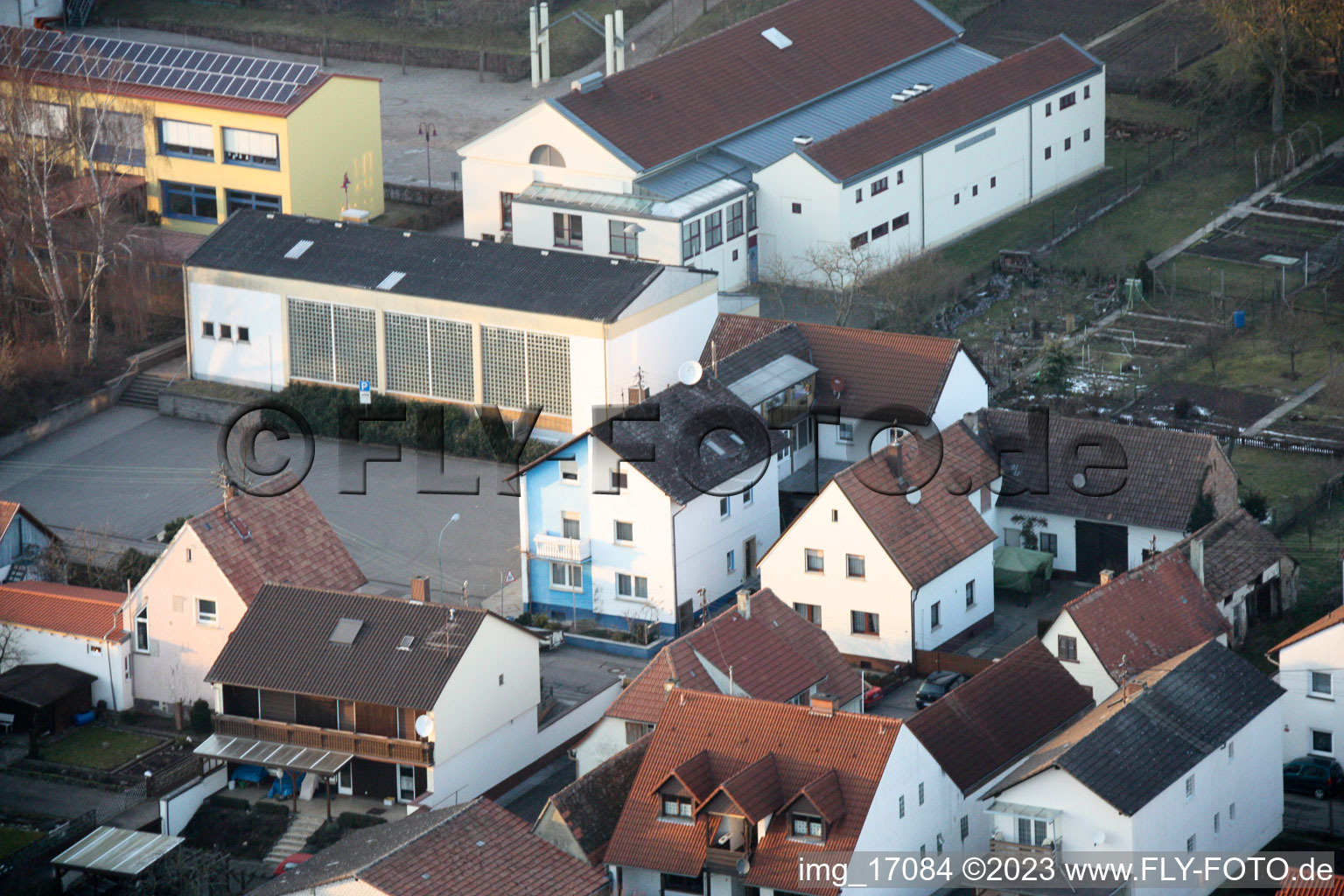 Aerial view of Fire department, sports hall in Minfeld in the state Rhineland-Palatinate, Germany