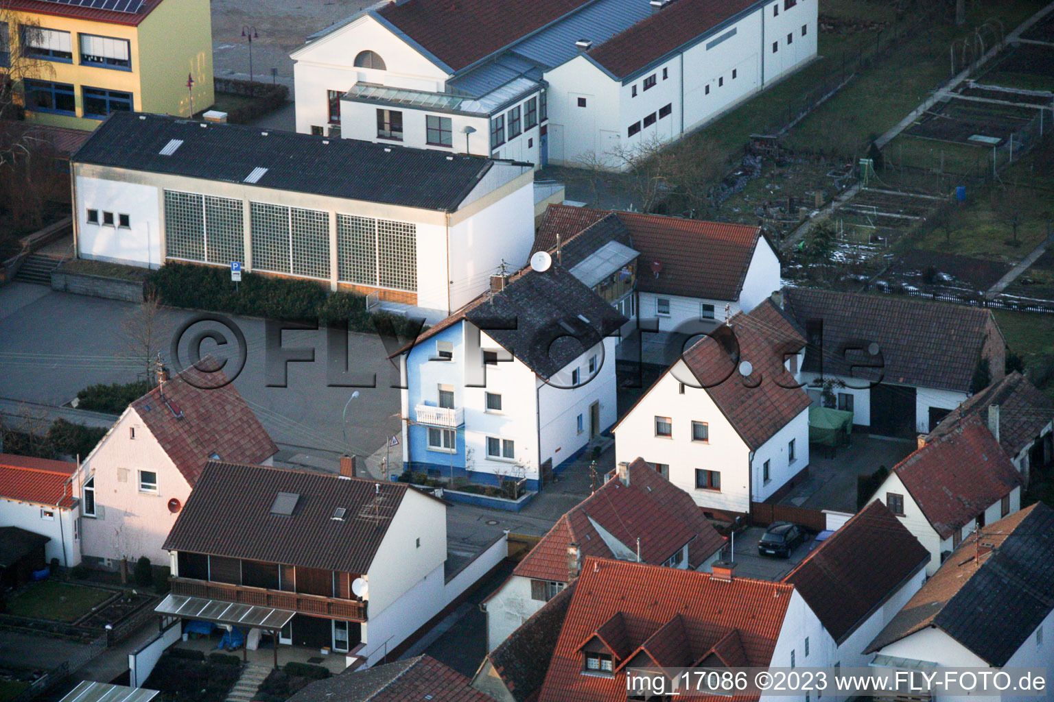 Aerial photograpy of Fire department, sports hall in Minfeld in the state Rhineland-Palatinate, Germany