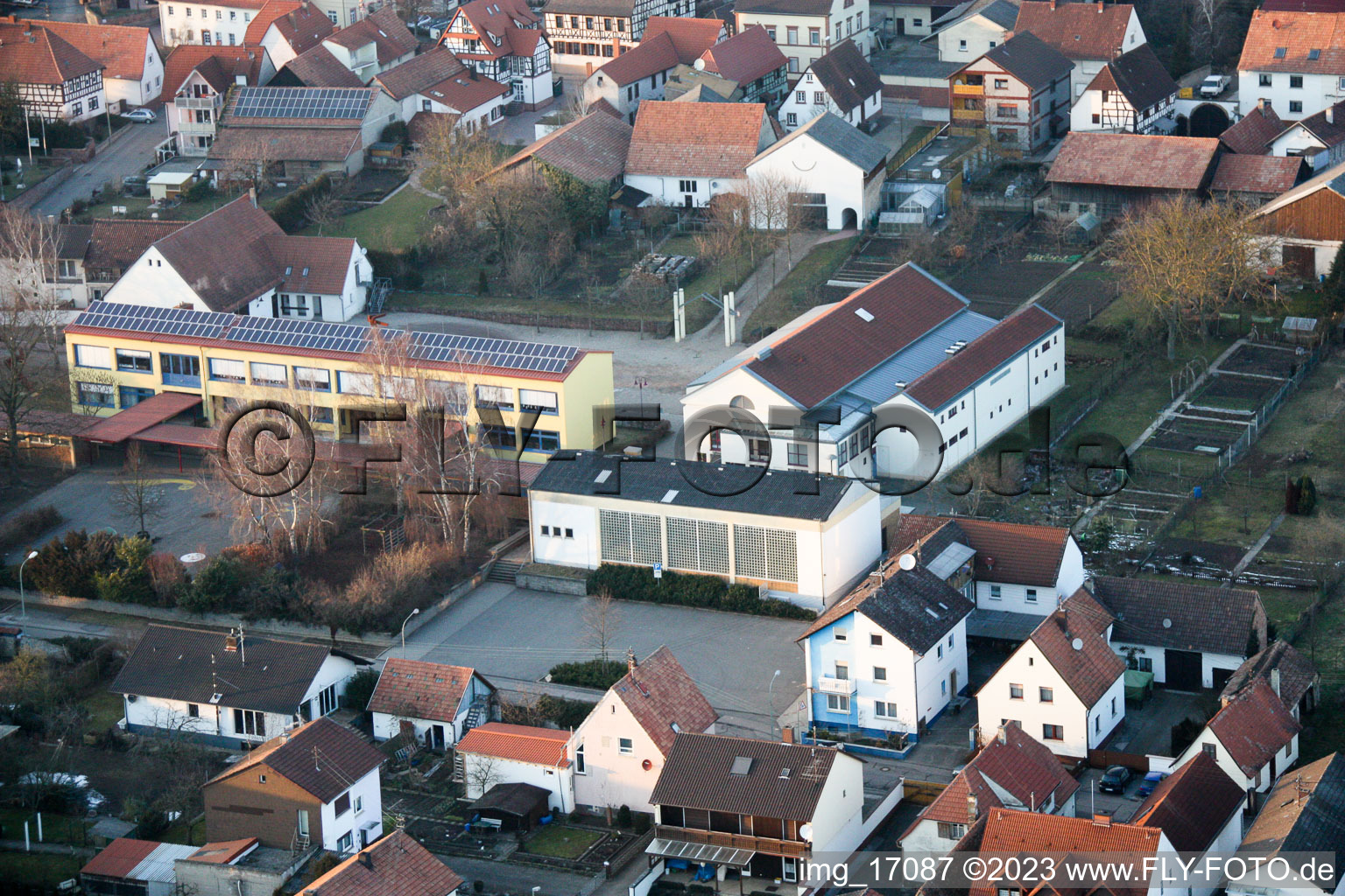 Oblique view of Fire department, sports hall in Minfeld in the state Rhineland-Palatinate, Germany