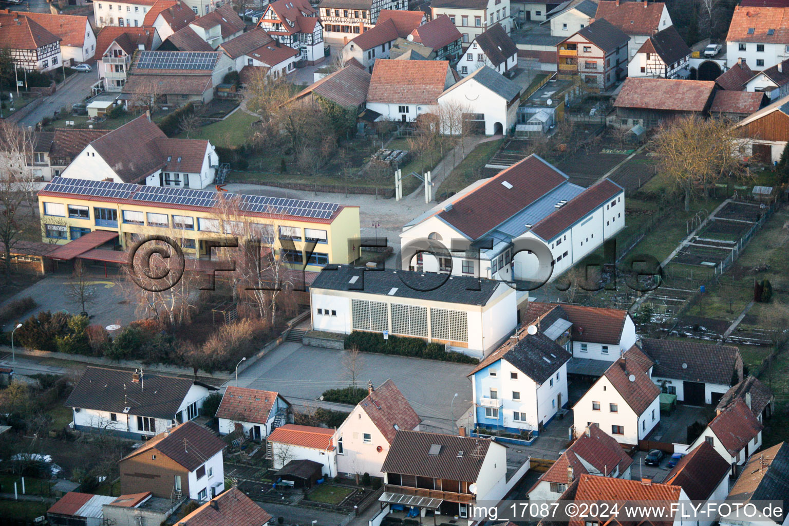 Oblique view of Fire brigade, sports hall in Minfeld in the state Rhineland-Palatinate, Germany