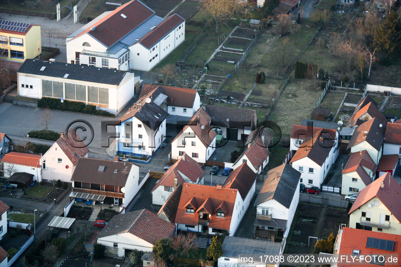 Fire department, sports hall in Minfeld in the state Rhineland-Palatinate, Germany from above