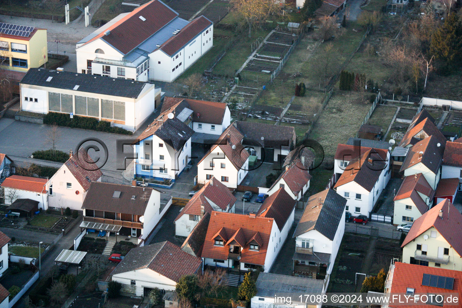 Fire brigade, sports hall in Minfeld in the state Rhineland-Palatinate, Germany from above