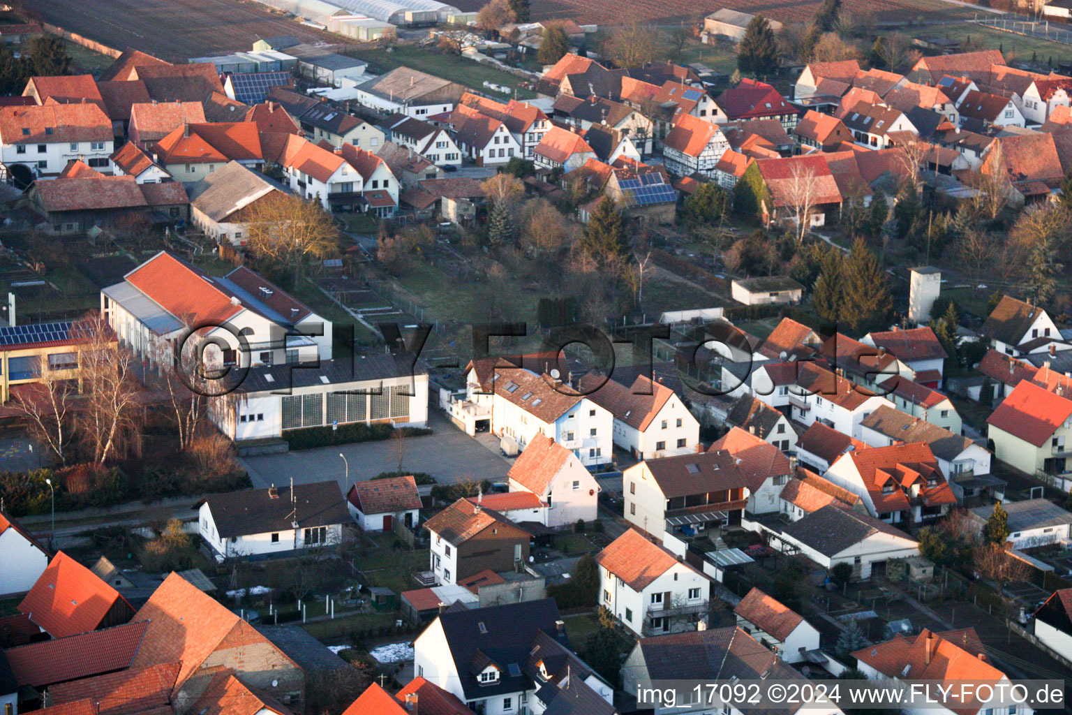 Fire brigade, sports hall in Minfeld in the state Rhineland-Palatinate, Germany seen from above