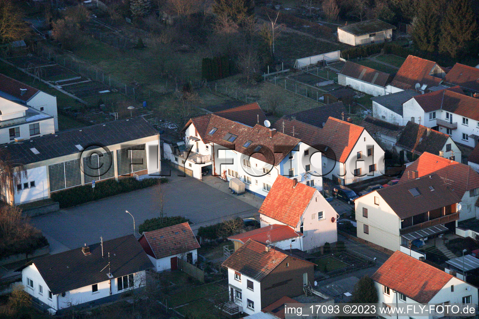 Fire department, sports hall in Minfeld in the state Rhineland-Palatinate, Germany from the plane