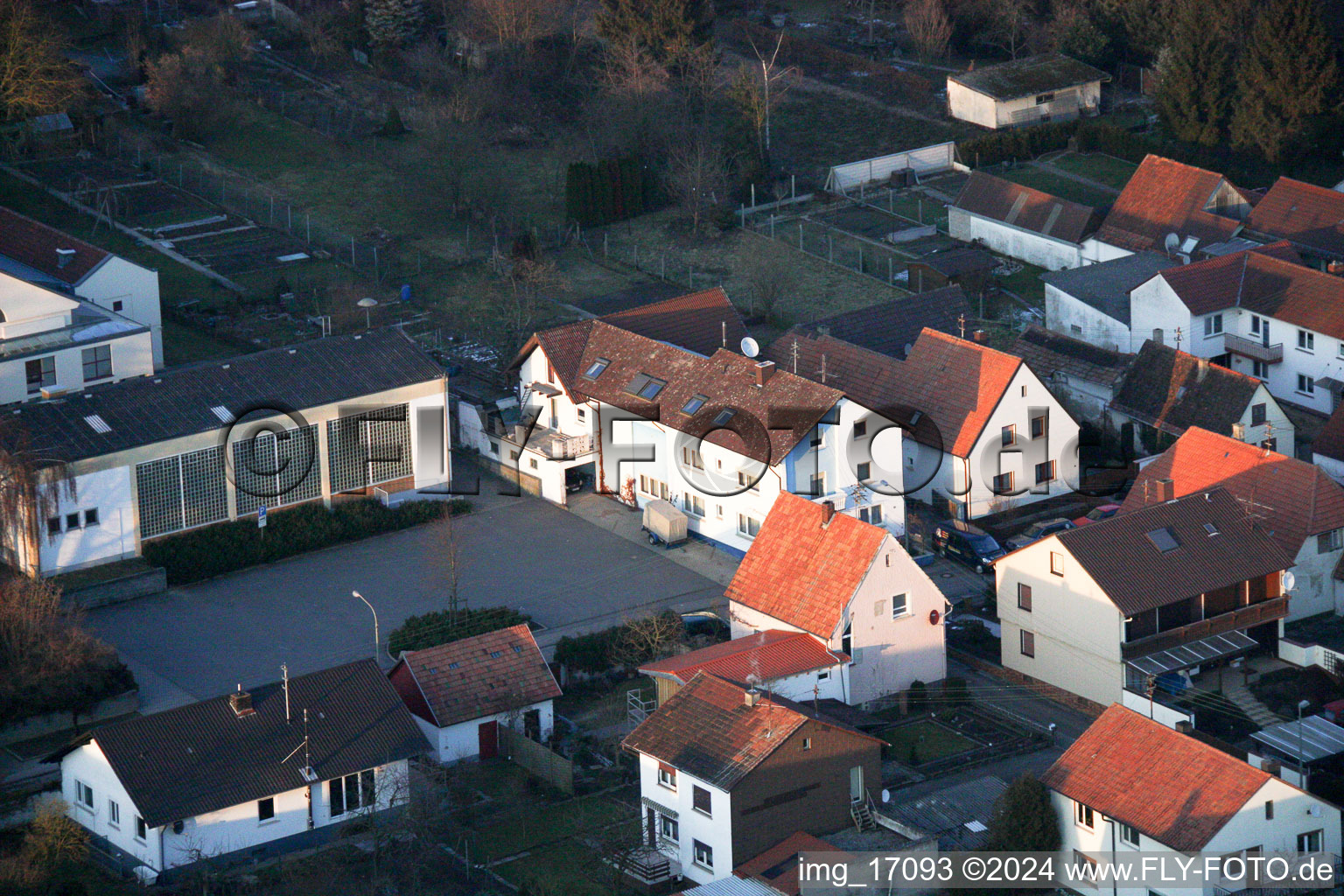 Fire brigade, sports hall in Minfeld in the state Rhineland-Palatinate, Germany from the plane