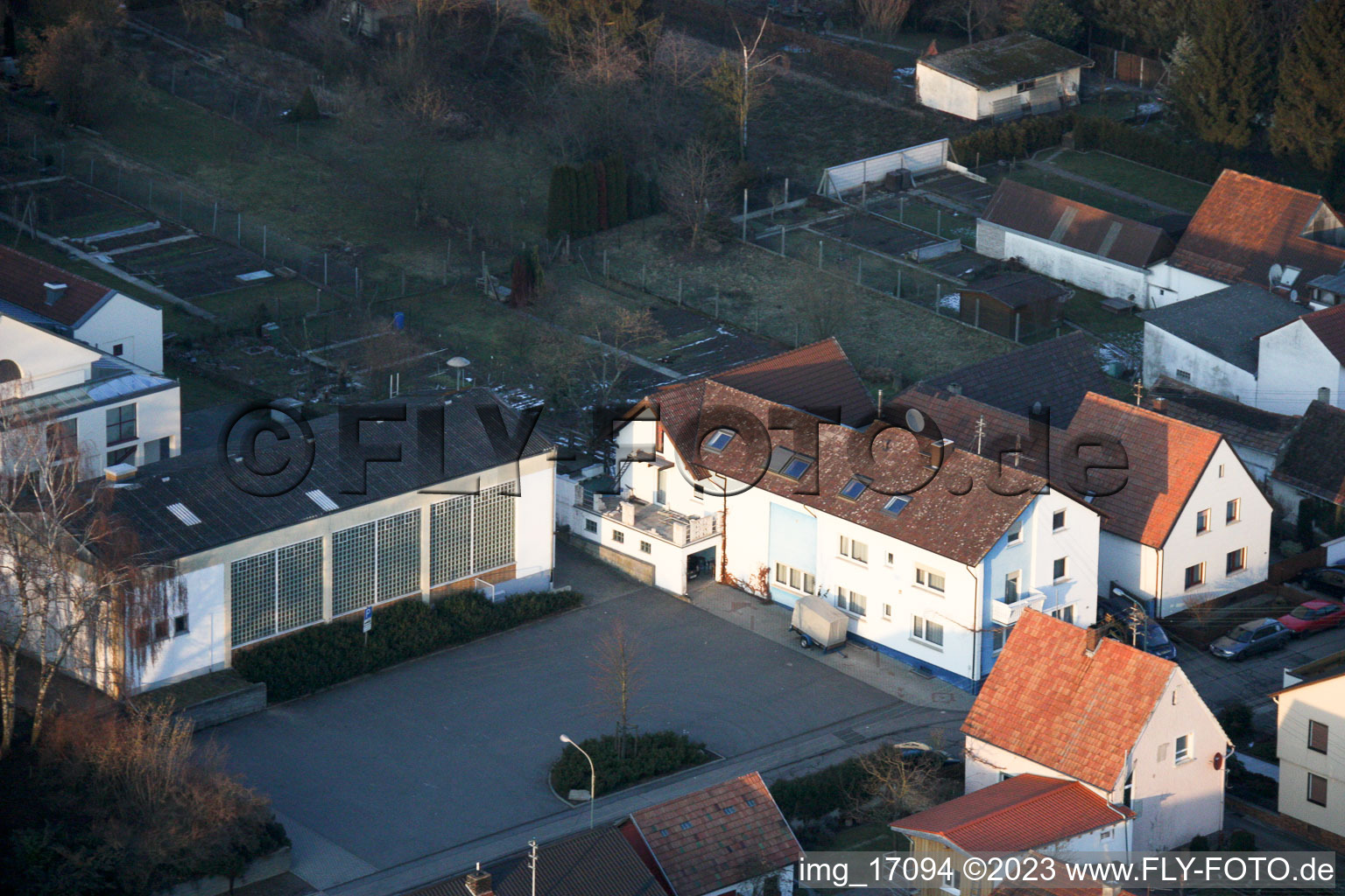Bird's eye view of Fire department, sports hall in Minfeld in the state Rhineland-Palatinate, Germany