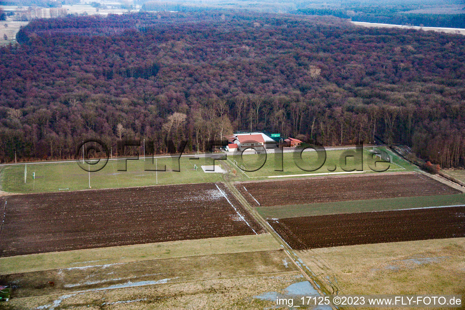 Aerial view of Sports fields in Freckenfeld in the state Rhineland-Palatinate, Germany