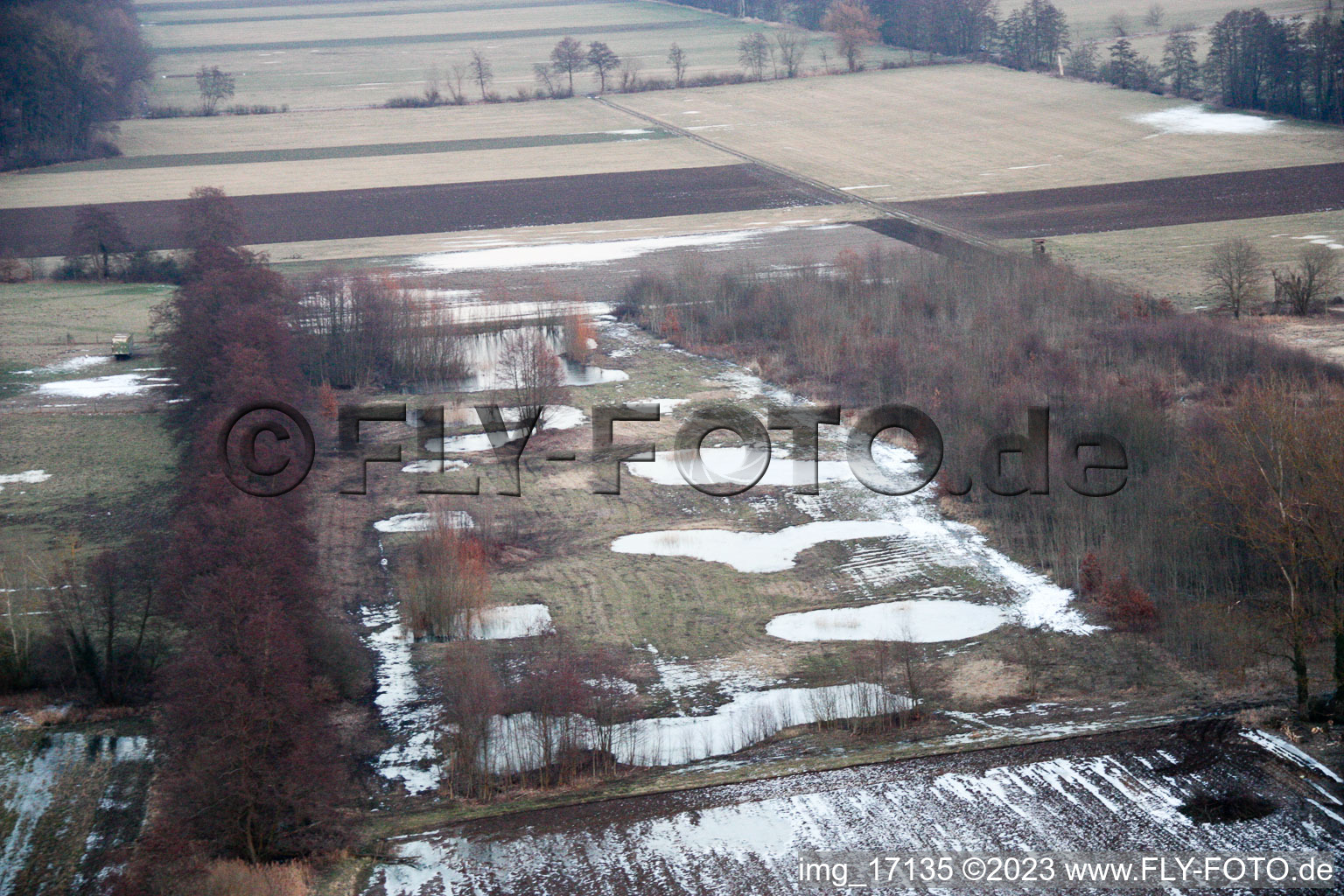 Otterbachtal meadows flooded by dew water in Kandel in the state Rhineland-Palatinate, Germany