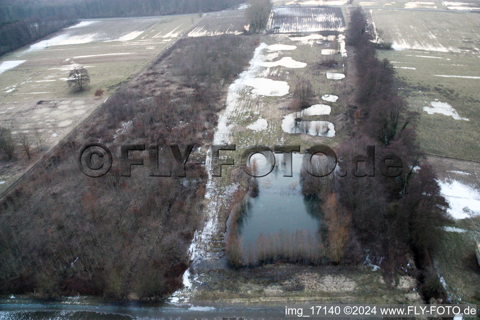 Aerial photograpy of Otterbachtal meadows flooded by meltwater in Kandel in the state Rhineland-Palatinate, Germany