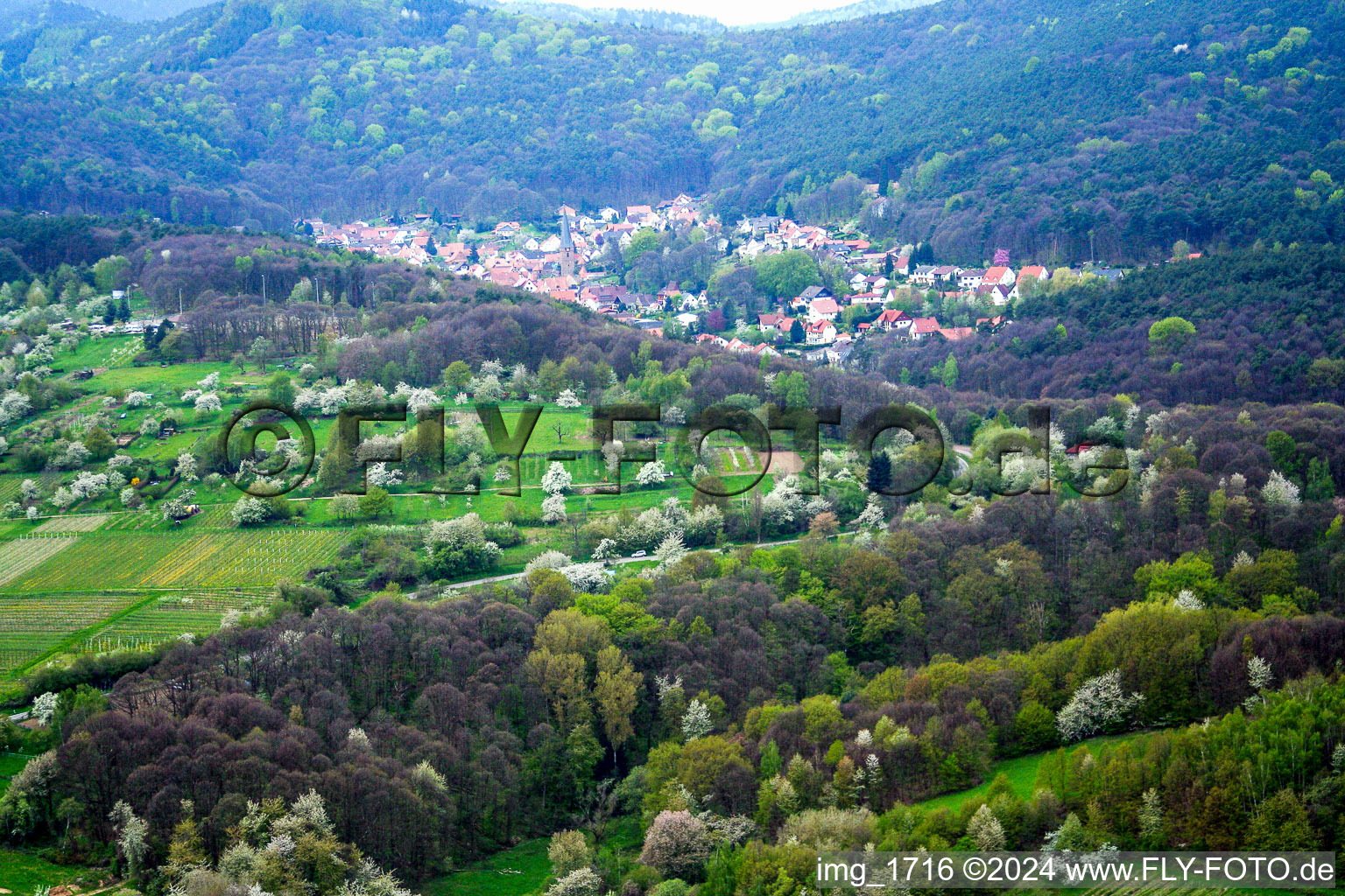 Village - view on the edge of agricultural fields and farmland in Doerrenbach in the state Rhineland-Palatinate