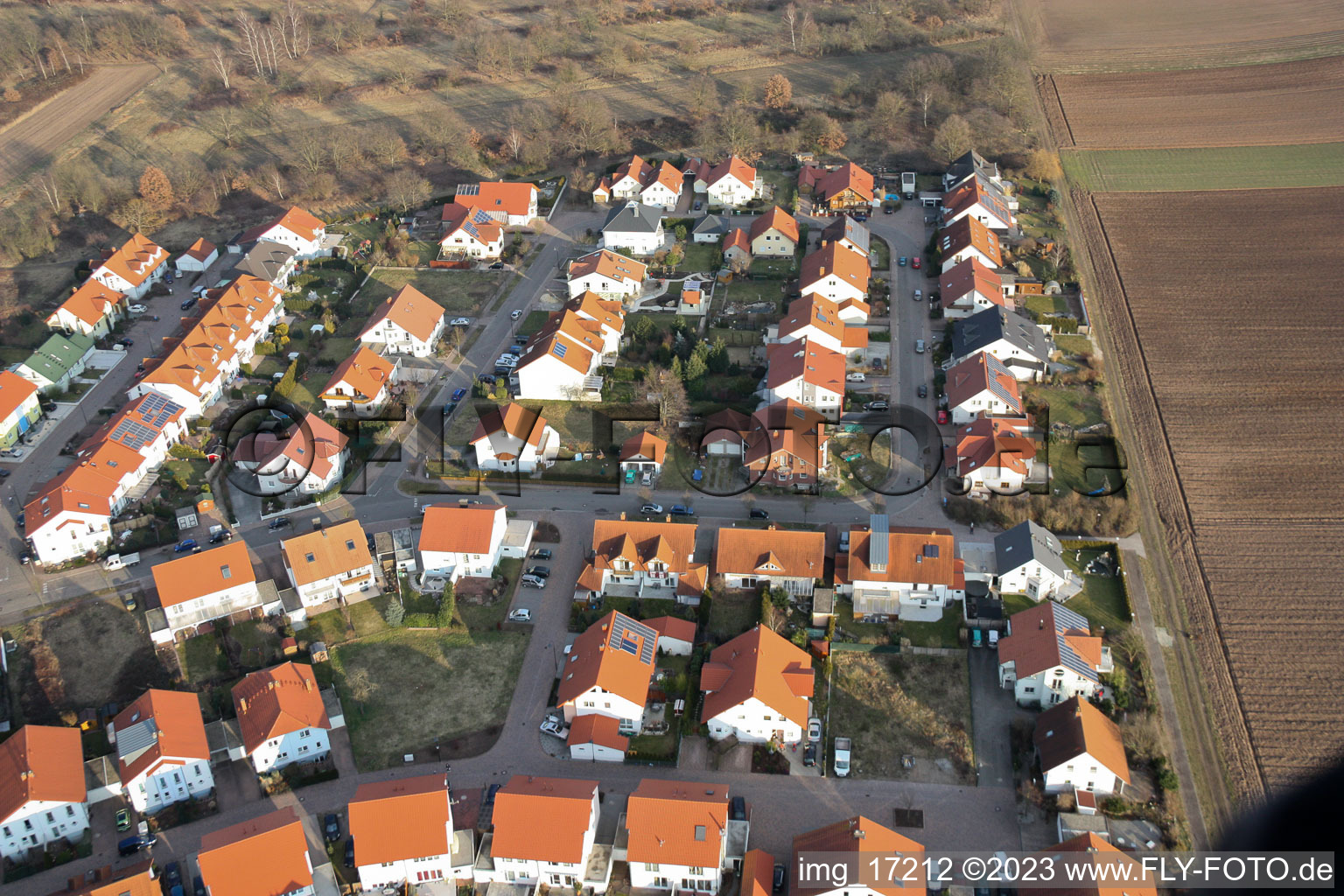 New development area O in Bellheim in the state Rhineland-Palatinate, Germany viewn from the air