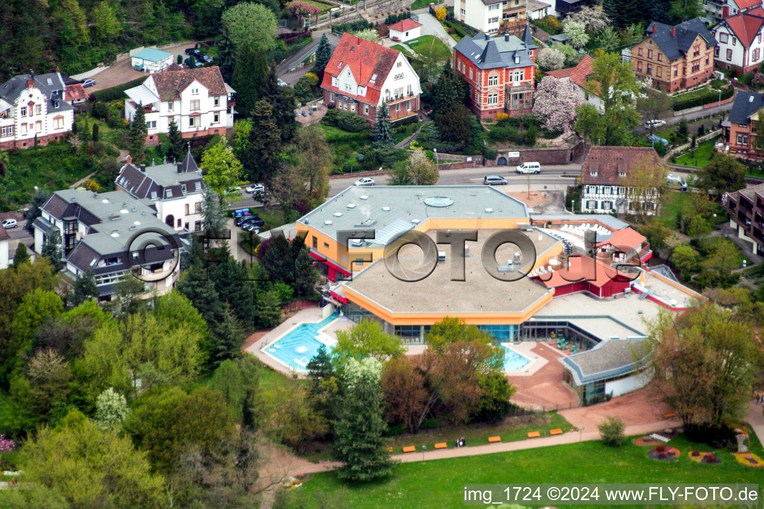 Aerial view of Spa and swimming pools at the swimming pool of the leisure facility in Bad Bergzabern in the state Rhineland-Palatinate