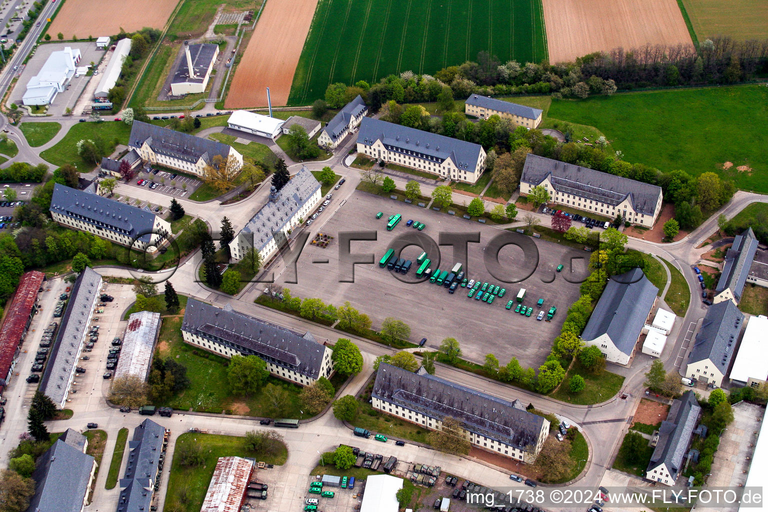 Aerial view of Building complex of the former customs barracks now state police department in Bad Bergzabern in the state Rhineland-Palatinate