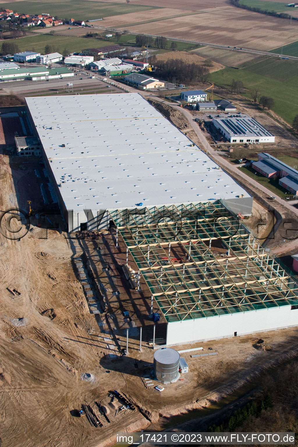 Aerial view of Construction site coincidence logistics center in the district Minderslachen in Kandel in the state Rhineland-Palatinate, Germany