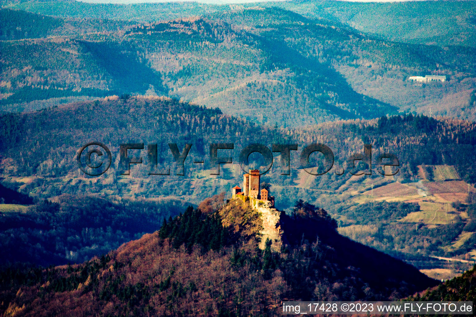 Aerial view of Trifels Castle from the southwest in the district Bindersbach in Annweiler am Trifels in the state Rhineland-Palatinate, Germany