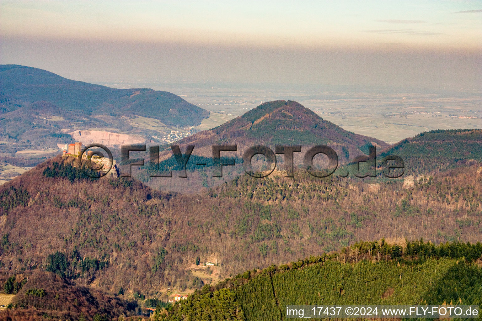 Aerial view of Trifels Castle from the west in the district Bindersbach in Annweiler am Trifels in the state Rhineland-Palatinate, Germany