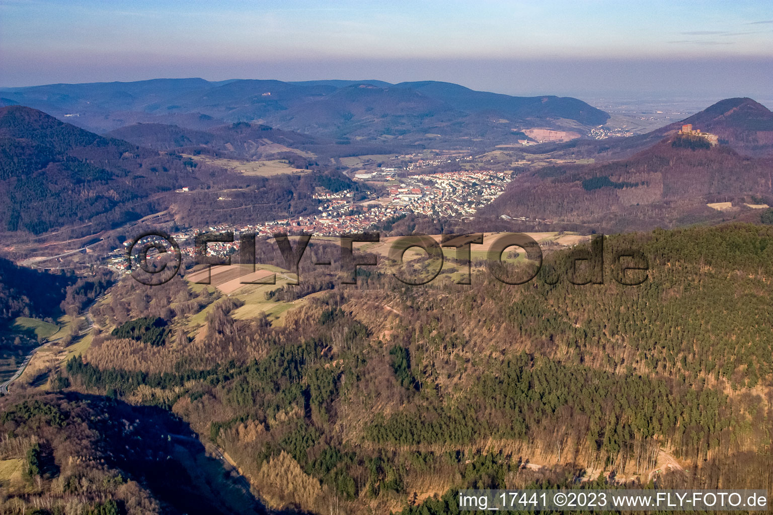 Annweiler am Trifels in the state Rhineland-Palatinate, Germany from a drone