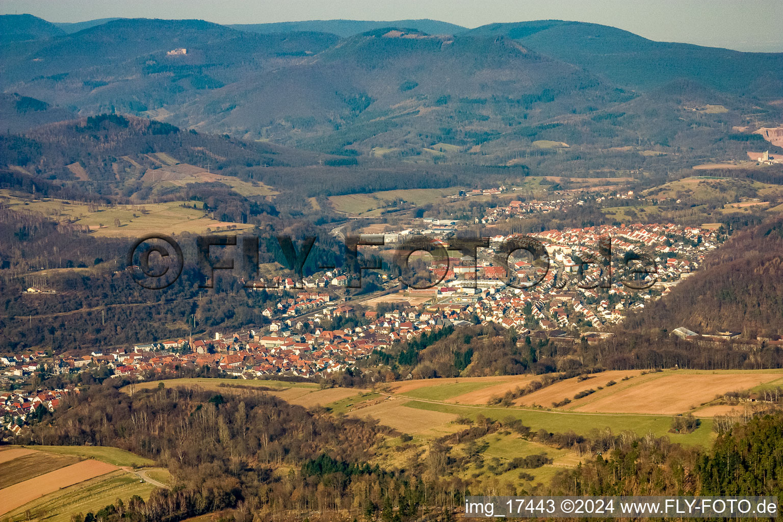 Annweiler am Trifels in the state Rhineland-Palatinate, Germany seen from a drone