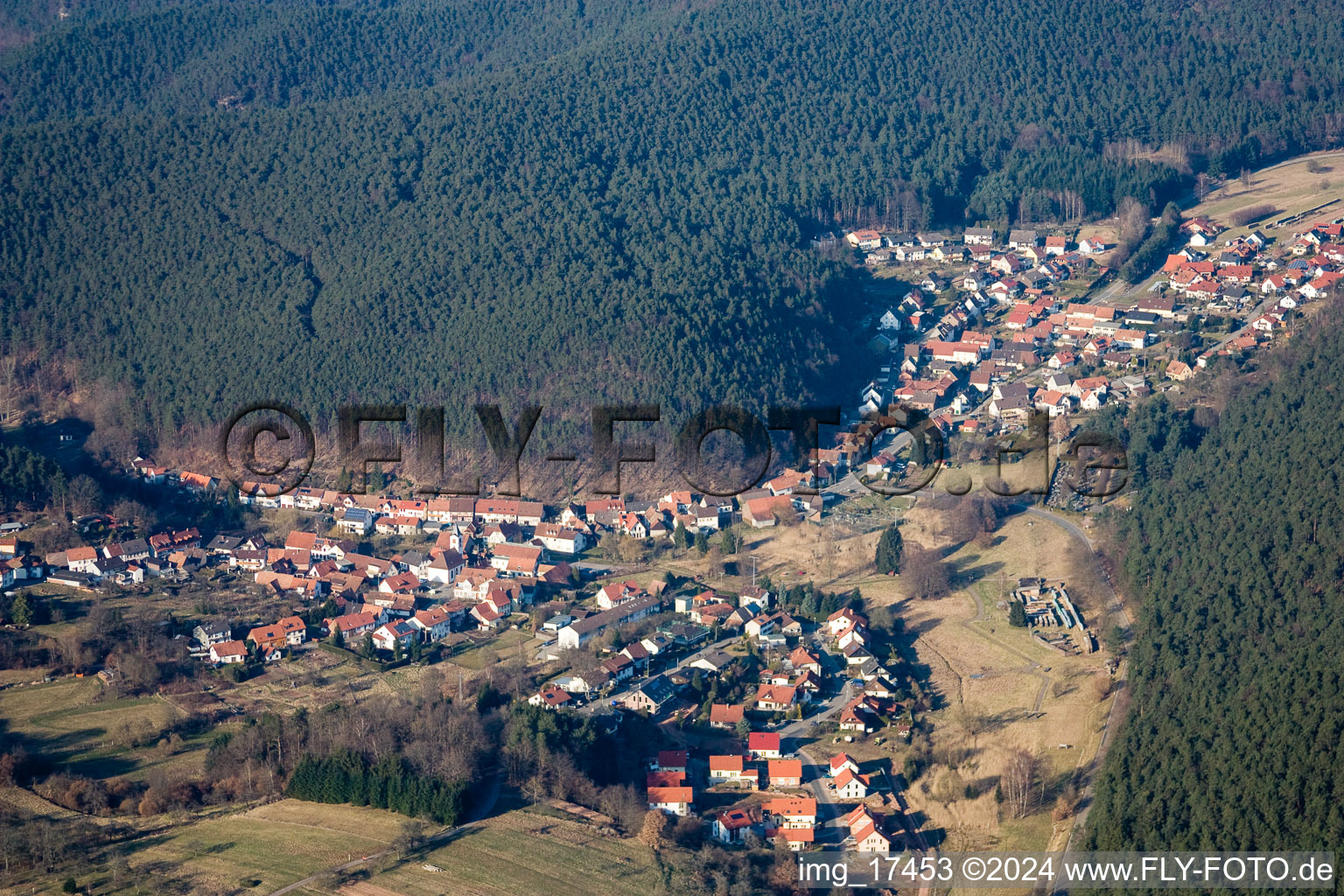 Village - view on the edge of agricultural fields and farmland in Spirkelbach in the state Rhineland-Palatinate, Germany