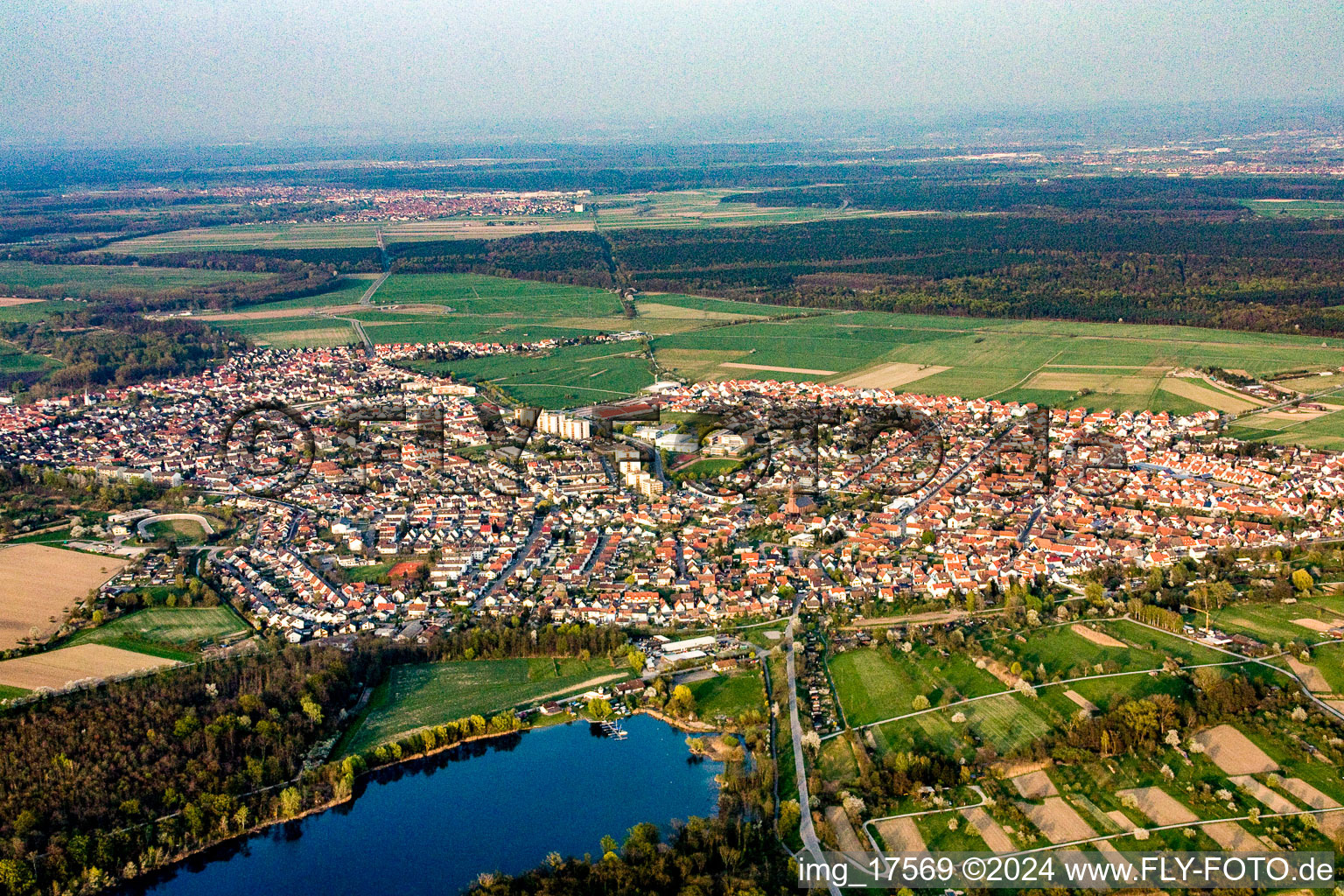 District Linkenheim in Linkenheim-Hochstetten in the state Baden-Wuerttemberg, Germany seen from a drone