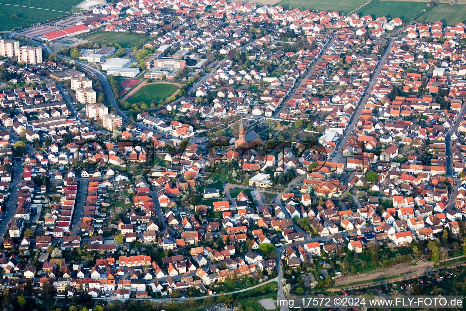 Aerial view of District Linkenheim in Linkenheim-Hochstetten in the state Baden-Wuerttemberg, Germany