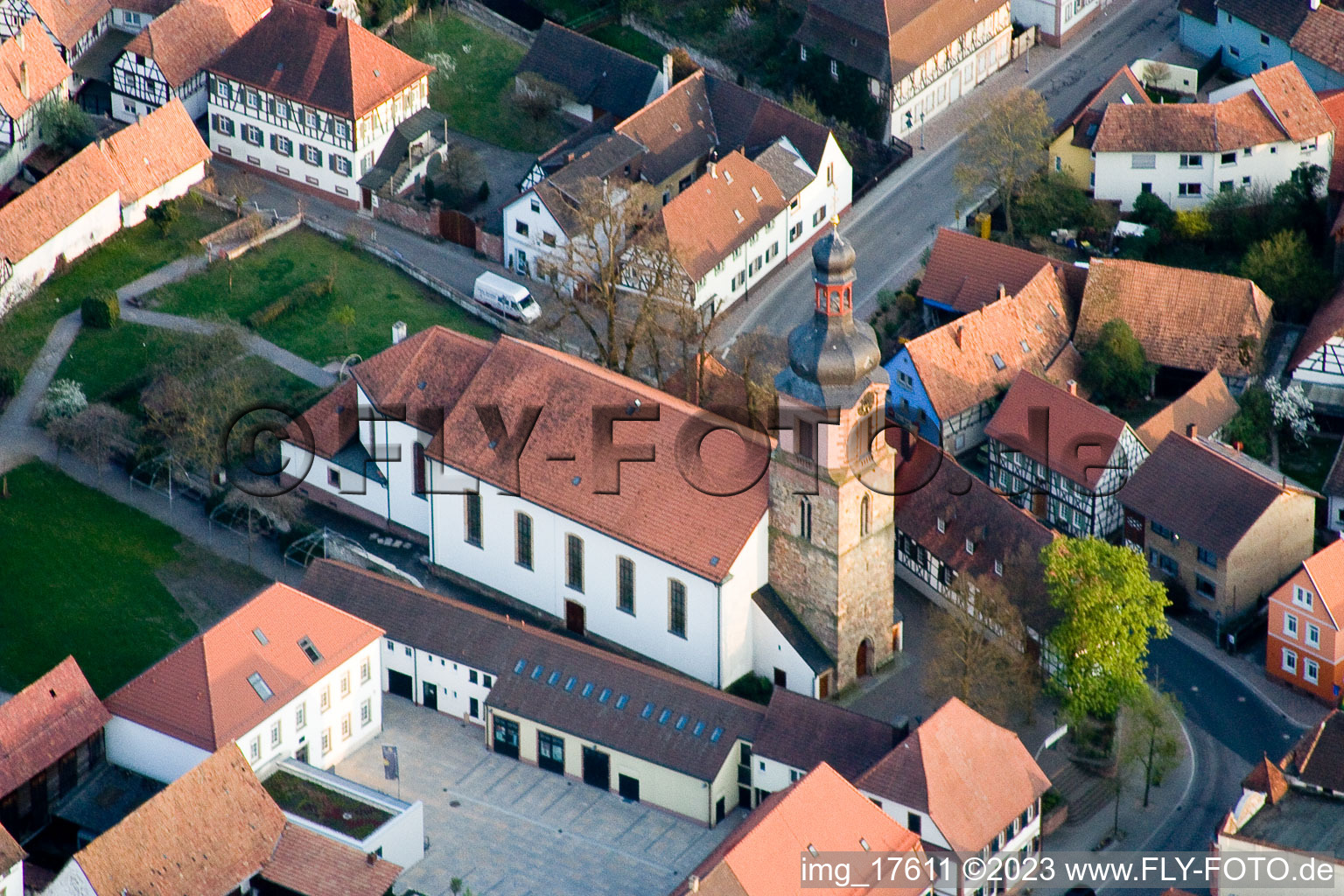 Aerial view of Church in Rheinzabern in the state Rhineland-Palatinate, Germany
