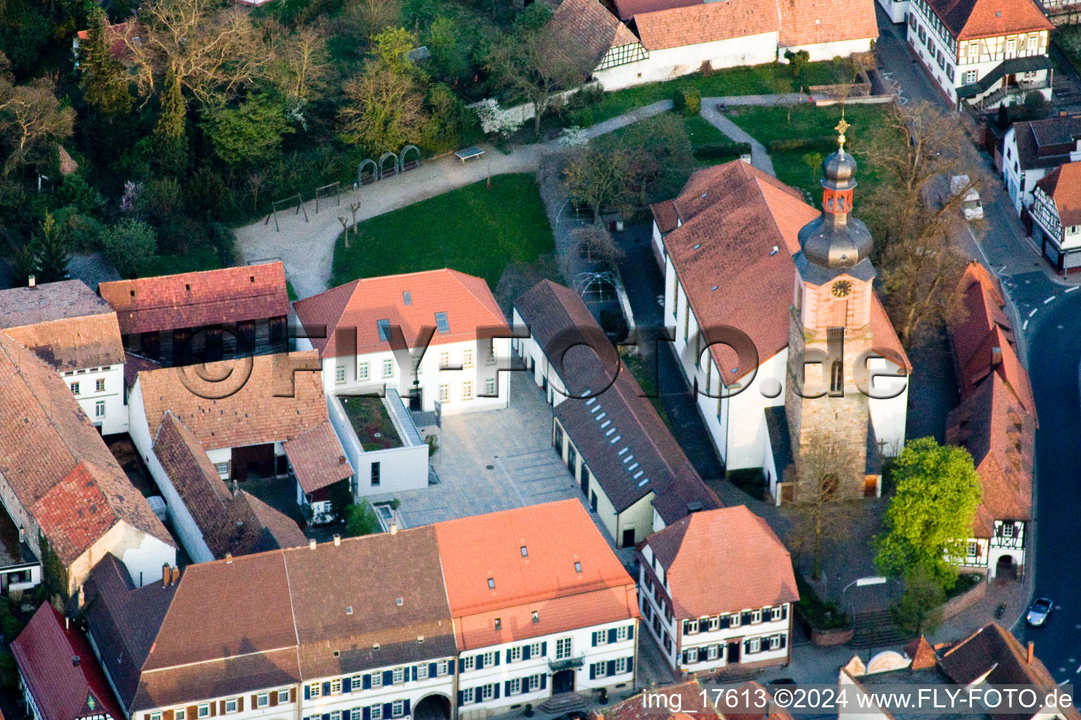 Aerial photograpy of Church in Rheinzabern in the state Rhineland-Palatinate, Germany