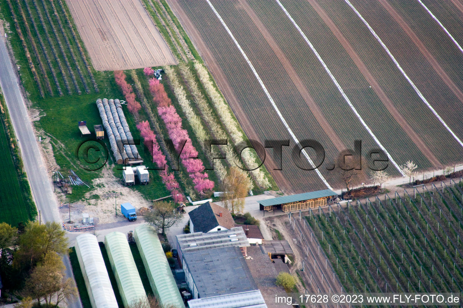 Zapf fruit farm in Kandel in the state Rhineland-Palatinate, Germany from the plane