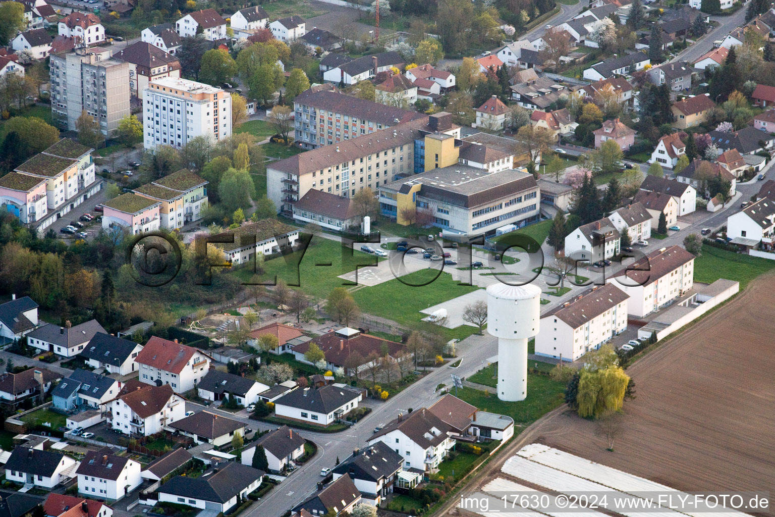 At the water tower in Kandel in the state Rhineland-Palatinate, Germany from the plane