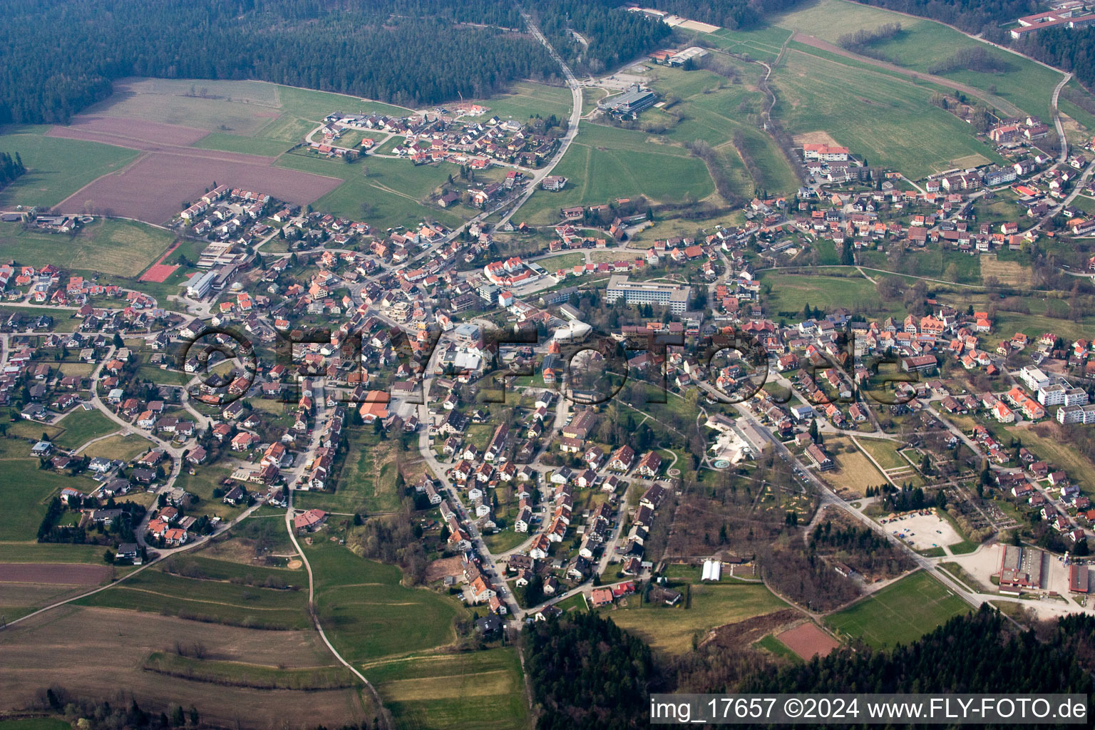 Village - view on the edge of agricultural fields and farmland in Schoemberg in the state Baden-Wurttemberg, Germany