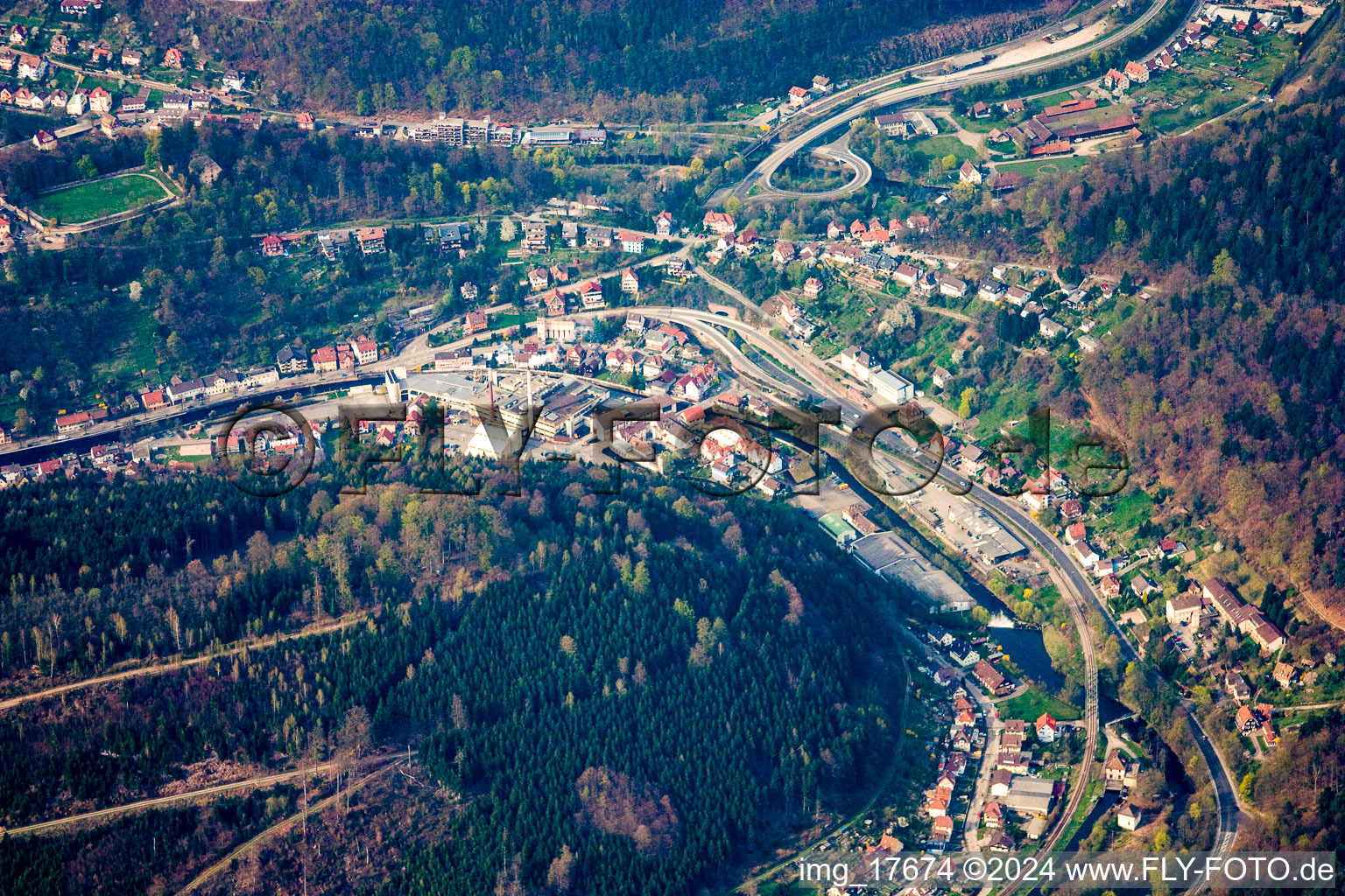 Aerial view of Herbstreith & Fox GmbH & Co. KG Pectin factories in the Enz Valley in Neuenbürg in the state Baden-Wuerttemberg, Germany