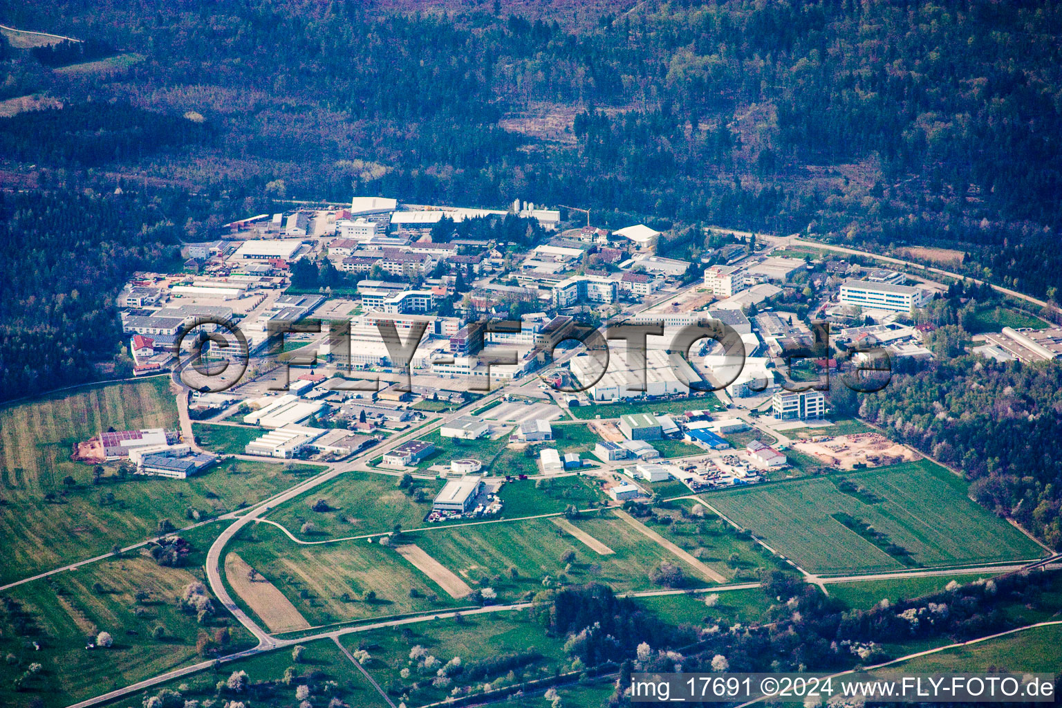 Aerial view of Ittersbach, industrial area in the district Im Stockmädle in Karlsbad in the state Baden-Wuerttemberg, Germany