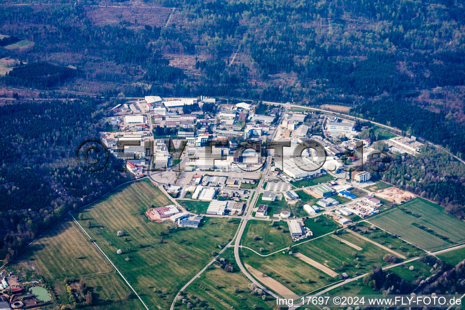 Aerial photograpy of Ittersbach, industrial area in the district Im Stockmädle in Karlsbad in the state Baden-Wuerttemberg, Germany