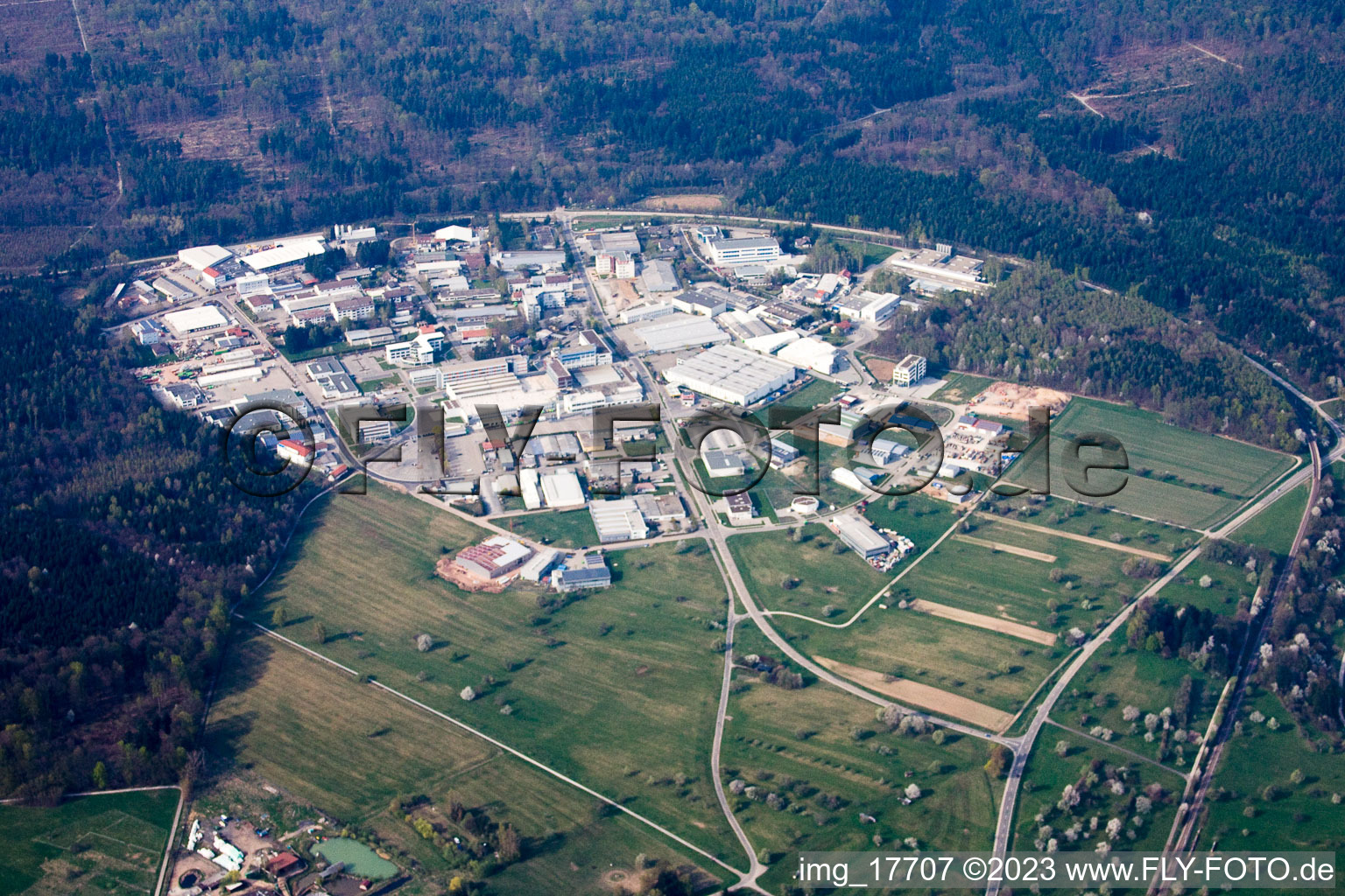 Oblique view of Ittersbach, industrial area in the district Im Stockmädle in Karlsbad in the state Baden-Wuerttemberg, Germany