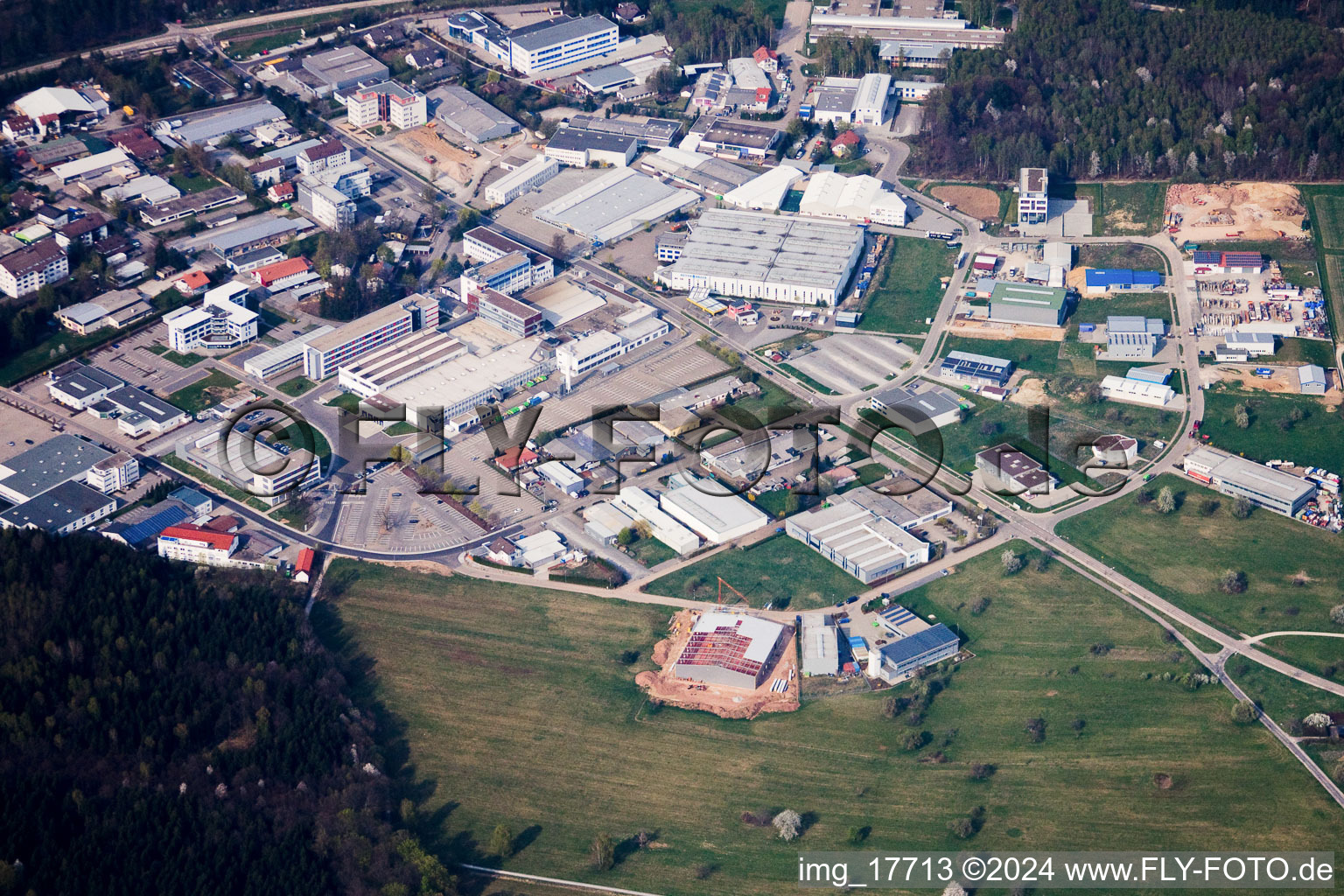 Ittersbach, industrial area in the district Im Stockmädle in Karlsbad in the state Baden-Wuerttemberg, Germany seen from above