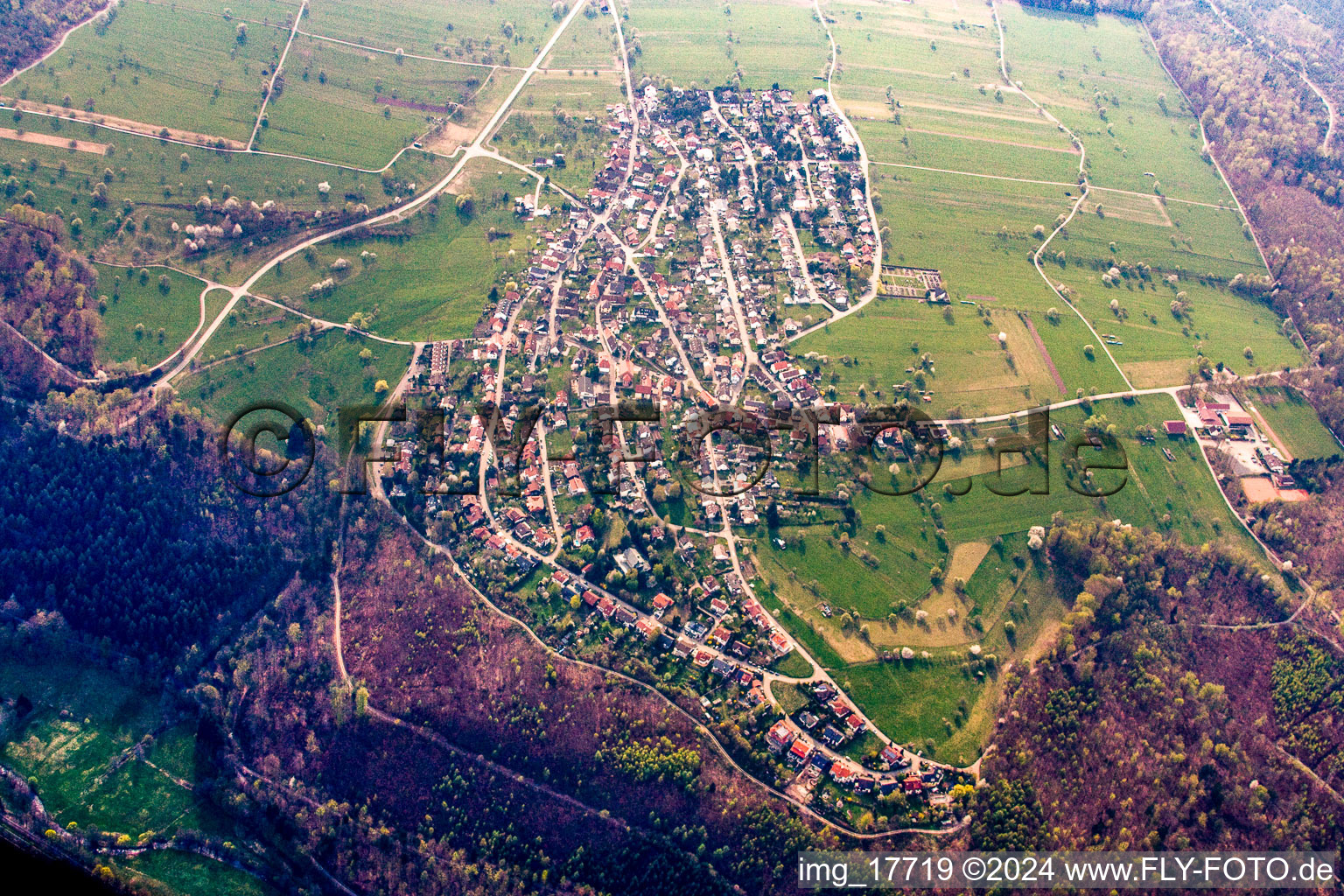 Aerial view of From the east in the district Burbach in Marxzell in the state Baden-Wuerttemberg, Germany