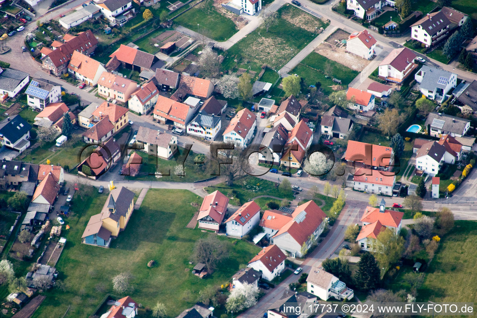 District Schluttenbach in Ettlingen in the state Baden-Wuerttemberg, Germany from the drone perspective