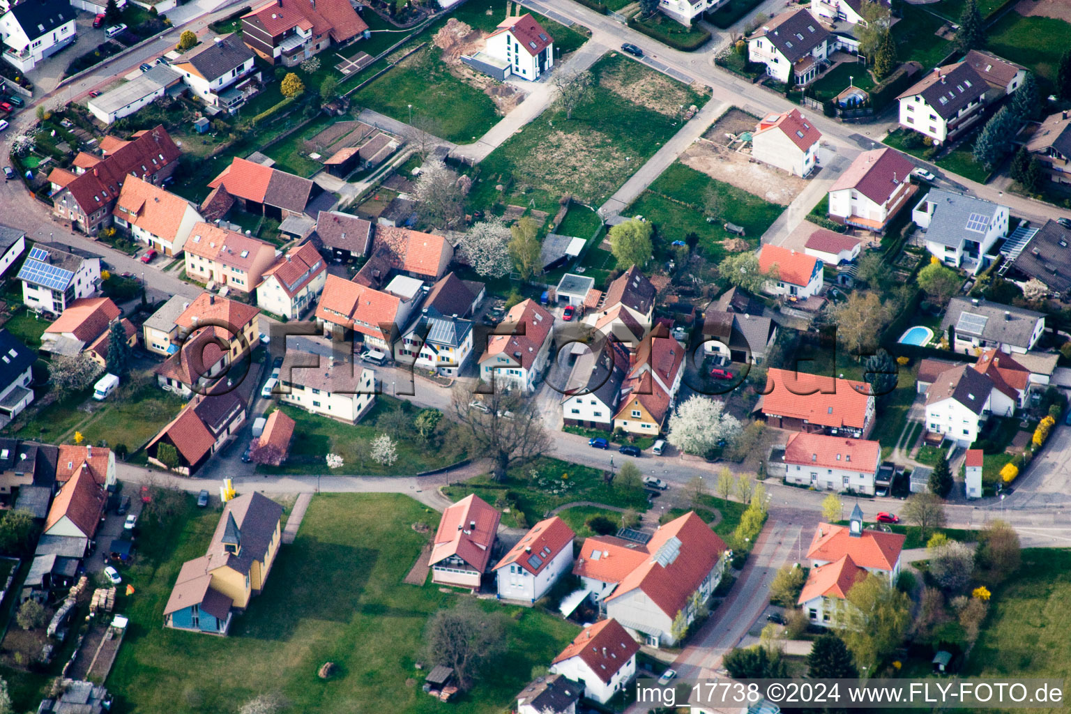 District Schluttenbach in Ettlingen in the state Baden-Wuerttemberg, Germany from a drone